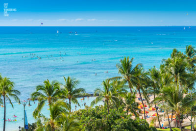 Fine Art Photography Print. Aerial, oceanscape of palm trees on world famous Waikiki Beach, Oahu, Hawaii