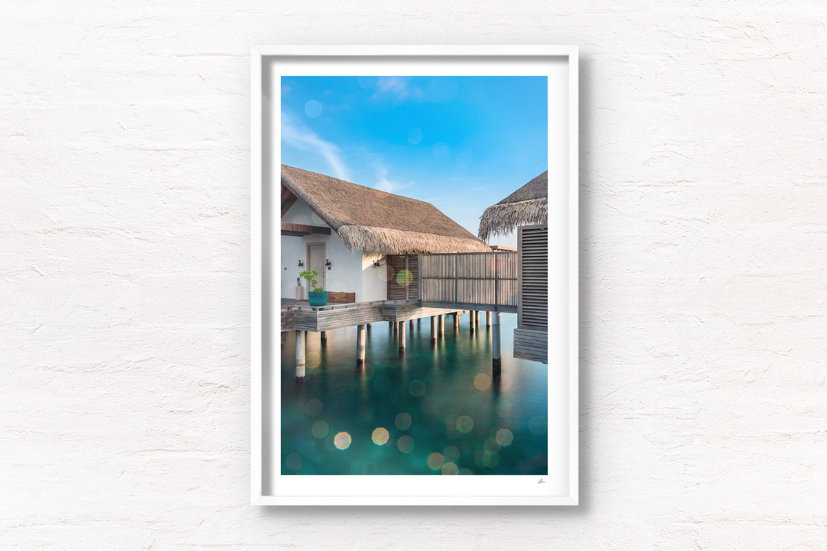Fine Art Photography Print. Sparkling waters of overwater bungalow in the Maldives