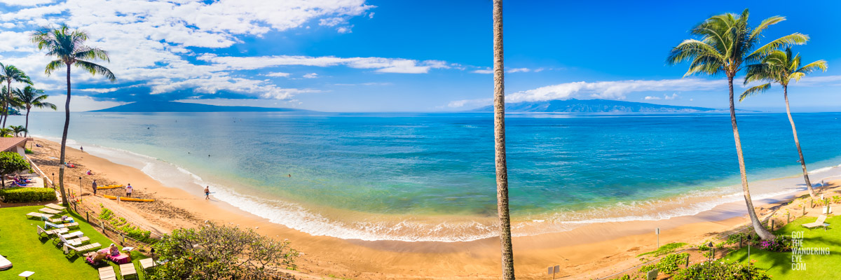 Waterfront panoramic view of Lanai and Moloka'i Islands from Maui Island. Maui Beachfront Views