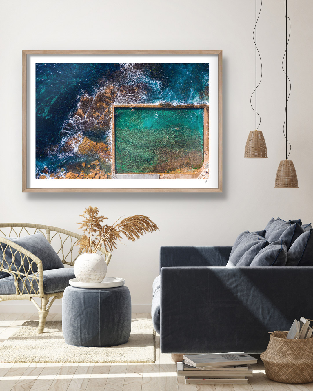 Interior design inspiration for the beachy home interior. Framed print of iconic Wylie’s Baths Coogee for the feature wall.