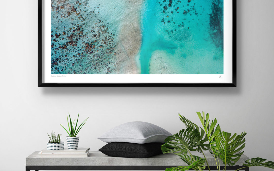 Interior design ideas. Fine art framed print for the coastal home. Beachside textures. Beach print, Maldives.