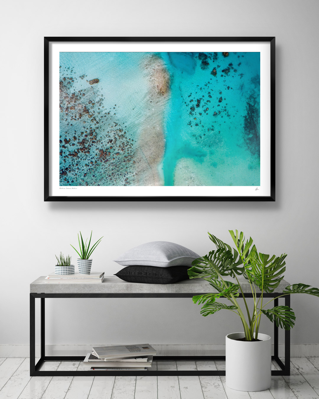Interior design ideas. Fine art framed print for the coastal home. Beachside textures. Beach print, Maldives. 