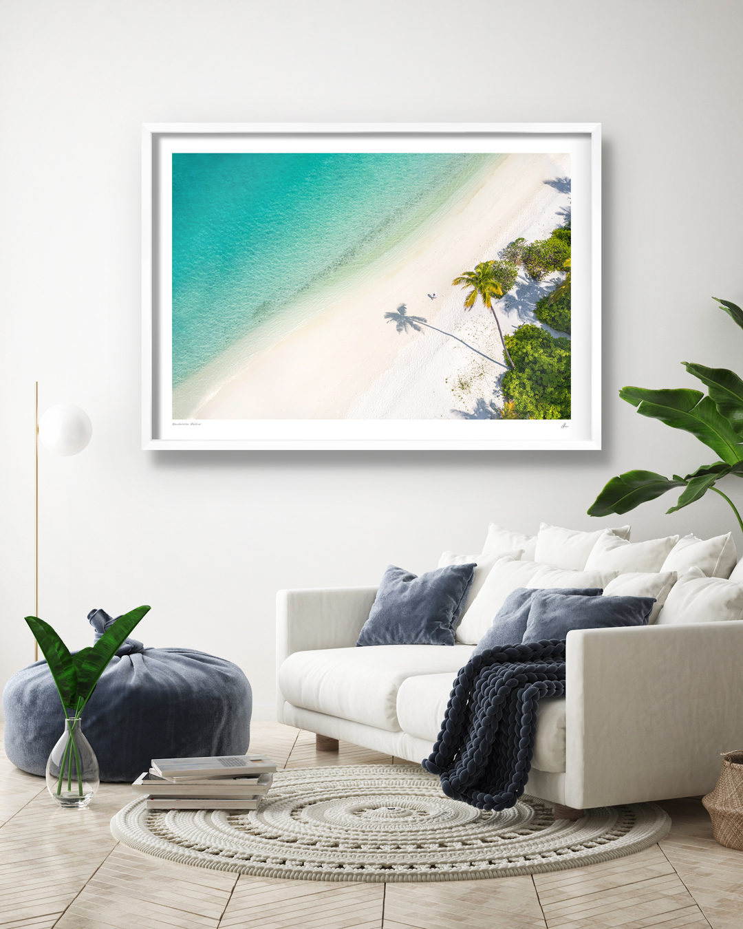 Interior design inspiration. Fine art framed print of Wanderluster, turquoise water, white sands and palm trees in the Maldives.