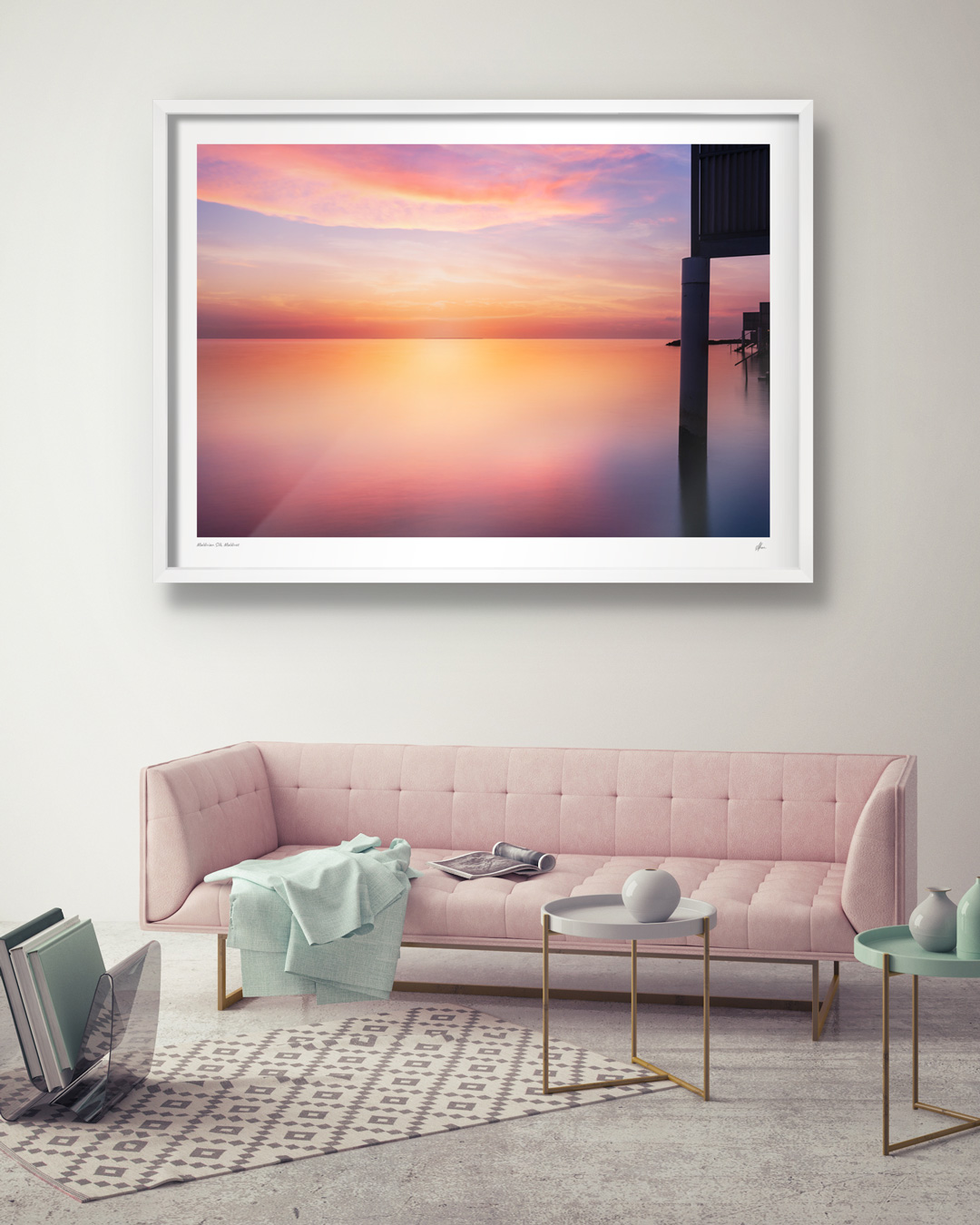 Interior design inspiration. Match your pink interior colour palette. Framed print of sunrise above over water bungalows in the Maldives.