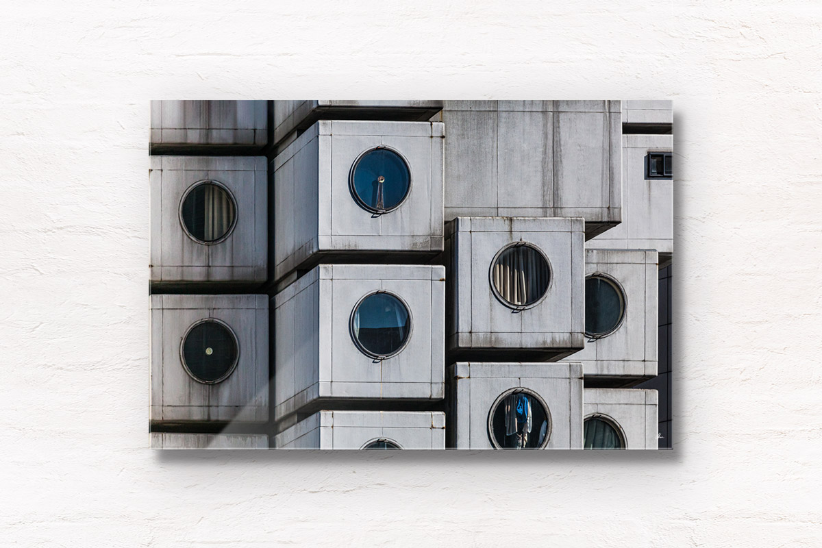 Urban architecture, close up of the capsules of the Nakagin Capsule Tower in Tokyo, Japan