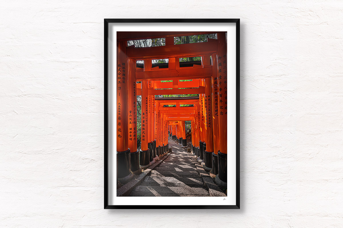Red torii gates at Fushimi Inari Taisha Shrine in Kyoto.