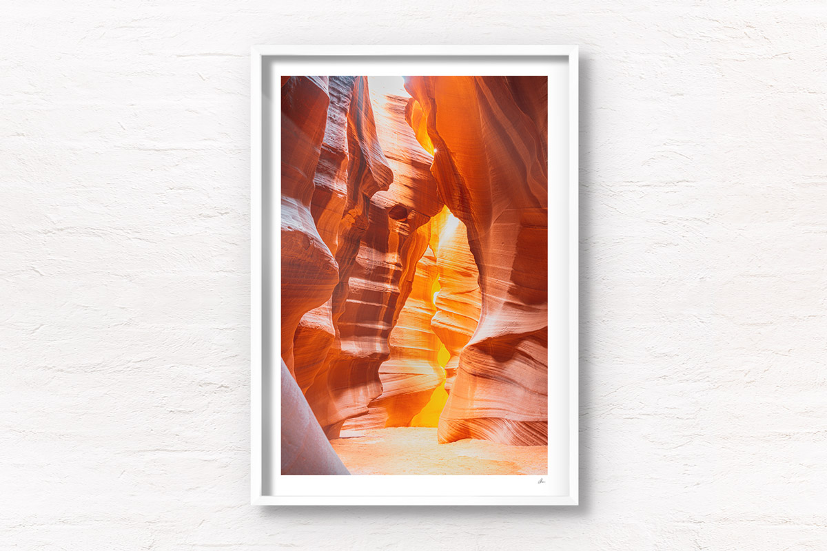 Looking through the swirling sandstone textures of the slot canyon at upper Antelope Canyon, Arizona.