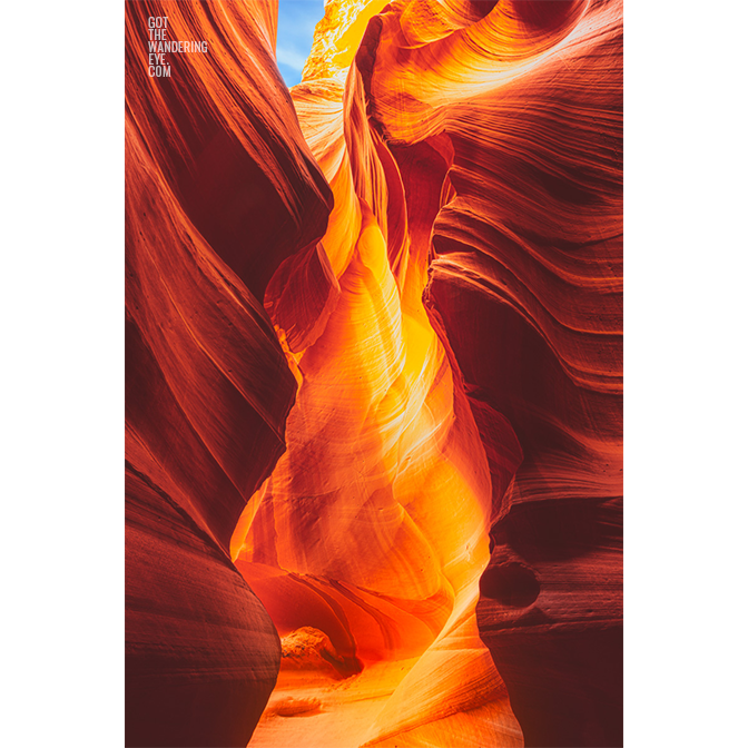 Warm sun light beaming down through the upper Antelope canyon revealing all the textures of the sandstone slot canyon.