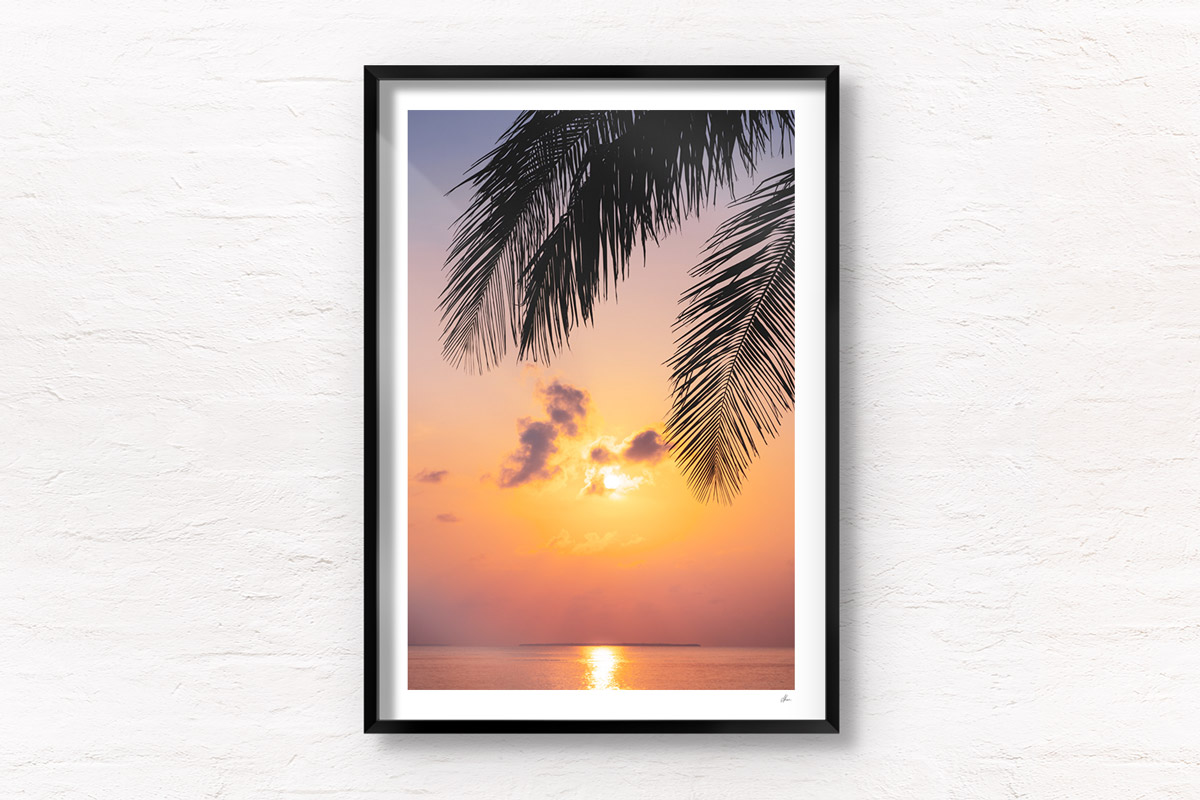 Gorgeous sunrise peeking through palm tree silhouette in the Maldives.