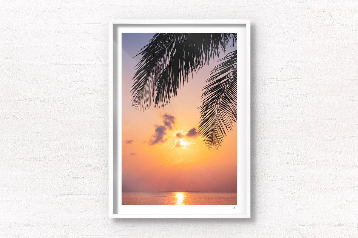Gorgeous sunrise peeking through palm tree silhouette in the Maldives