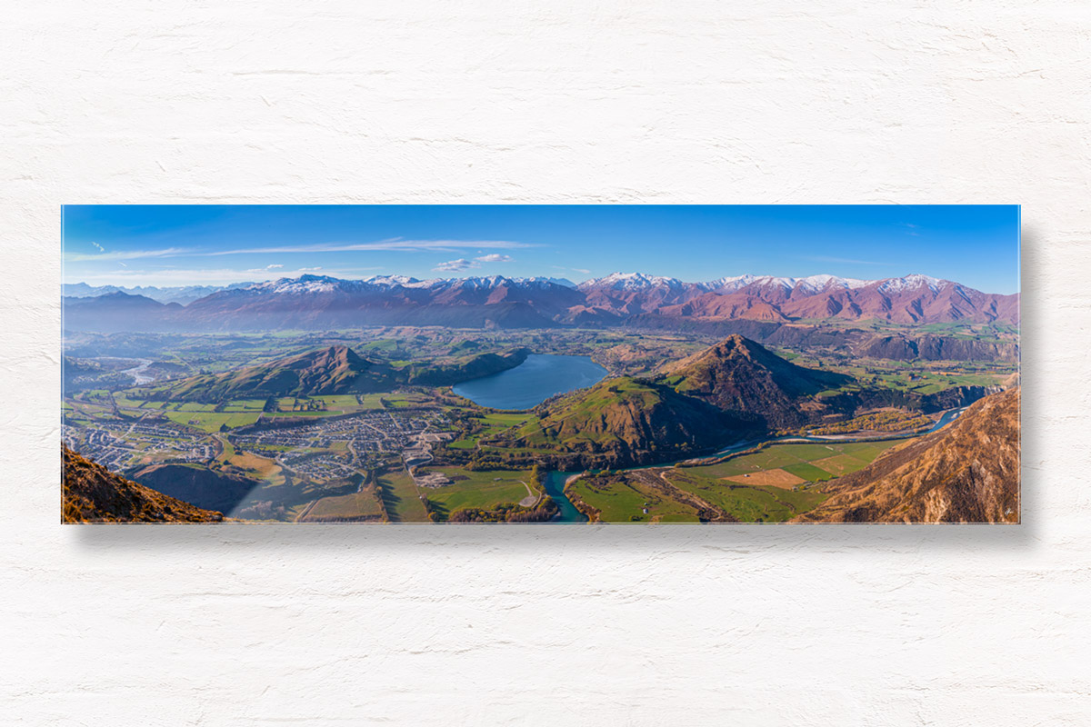 Panoramic view from the Remarkables mountain ranges looking down on Queenstown.