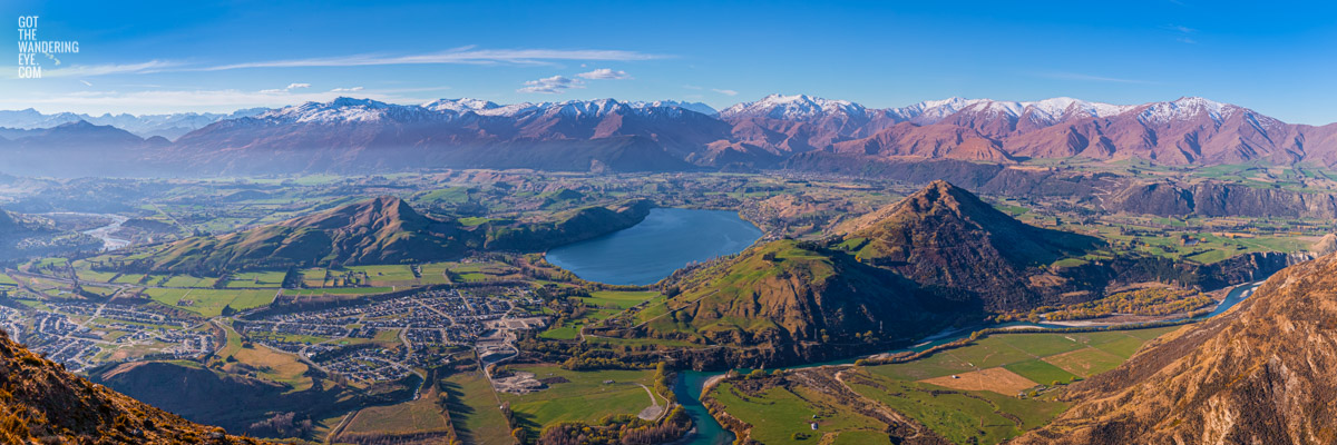 Panoramic view from the Remarkables mountain ranges looking down on Queenstown.