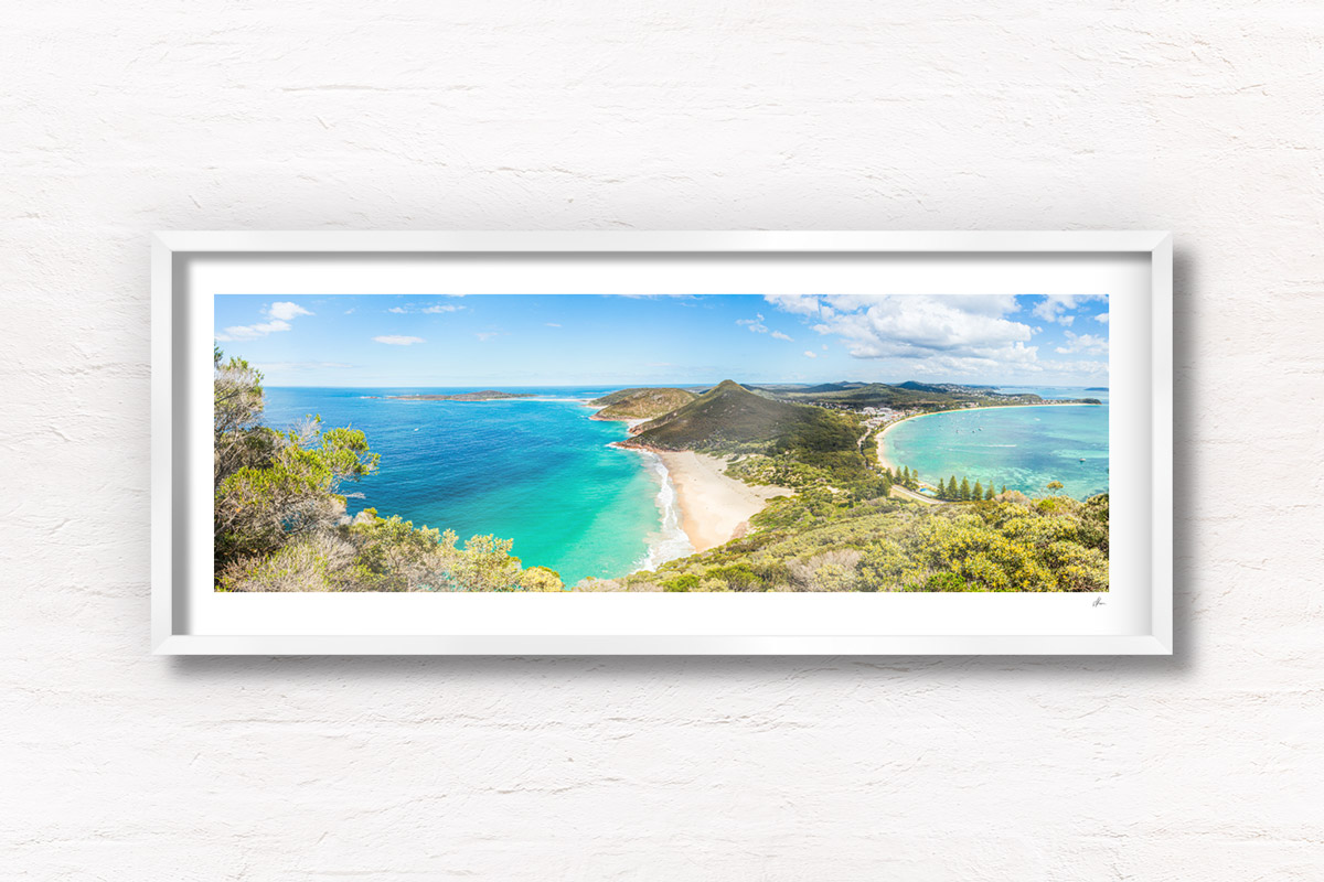 Panoramic view of Zenith Beach from Tomaree Head Summit Lookout in Shoal Bay, Port Stephens
