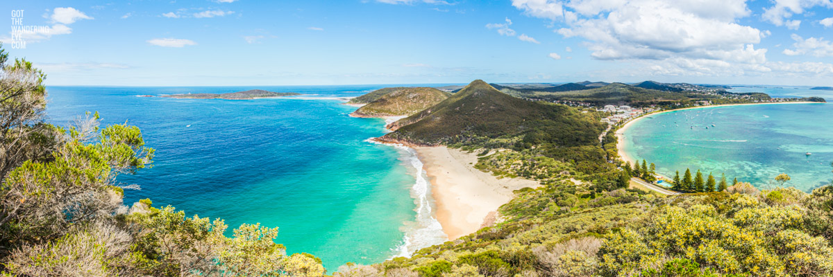 Panoramic view of Zenith Beach from Tomaree Head Summit Lookout in Shoal Bay, Port Stephens