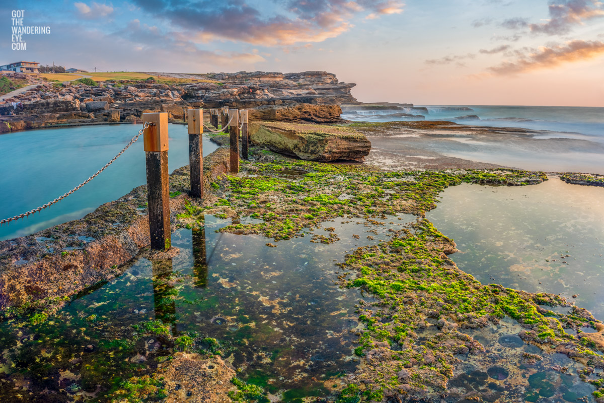 Rockpool puddles Maroubra. Long exposure of early morning sunrise at Mahon Pool, Maroubra.