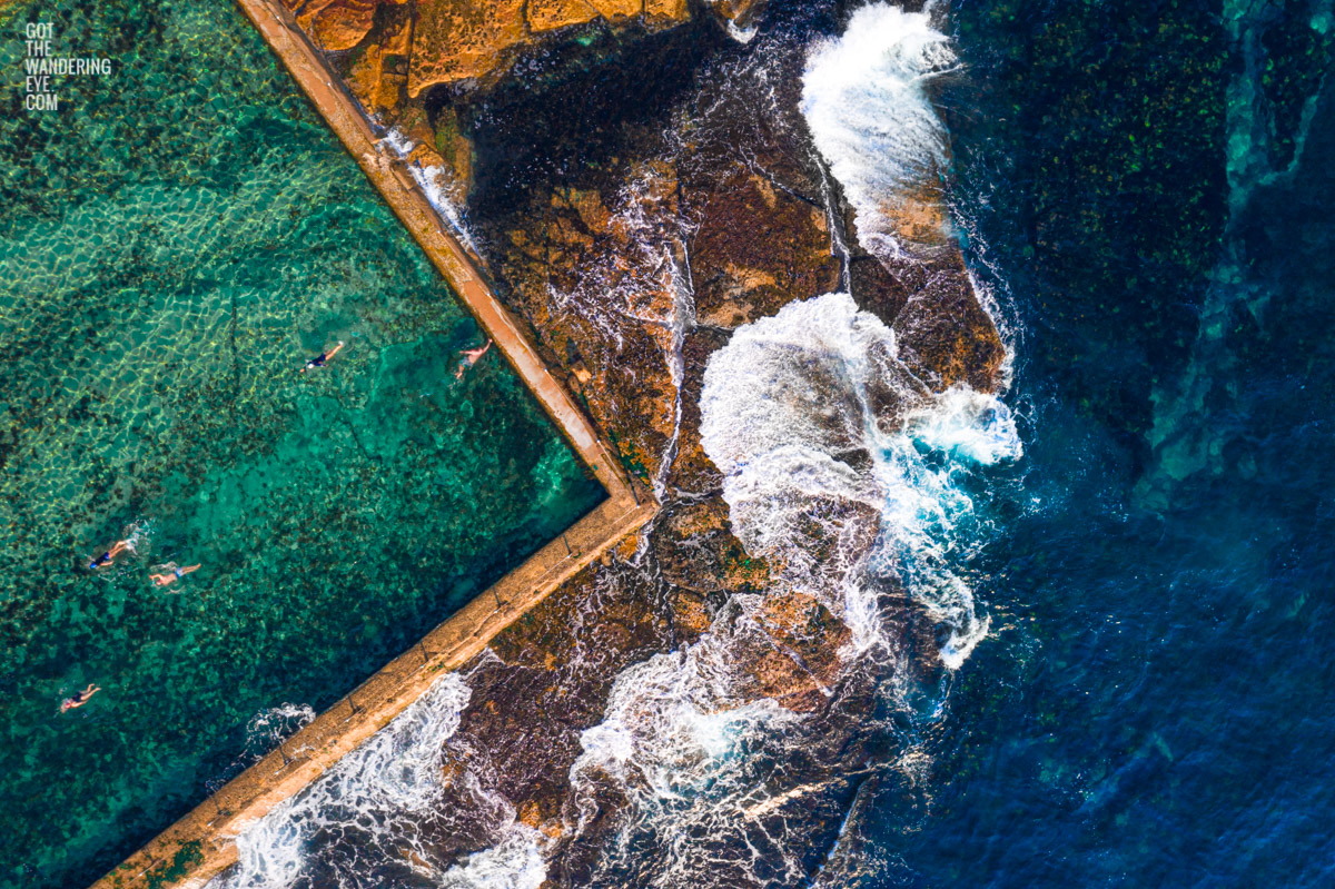 Swimming at Wylies Baths. Aerial above Coogee.