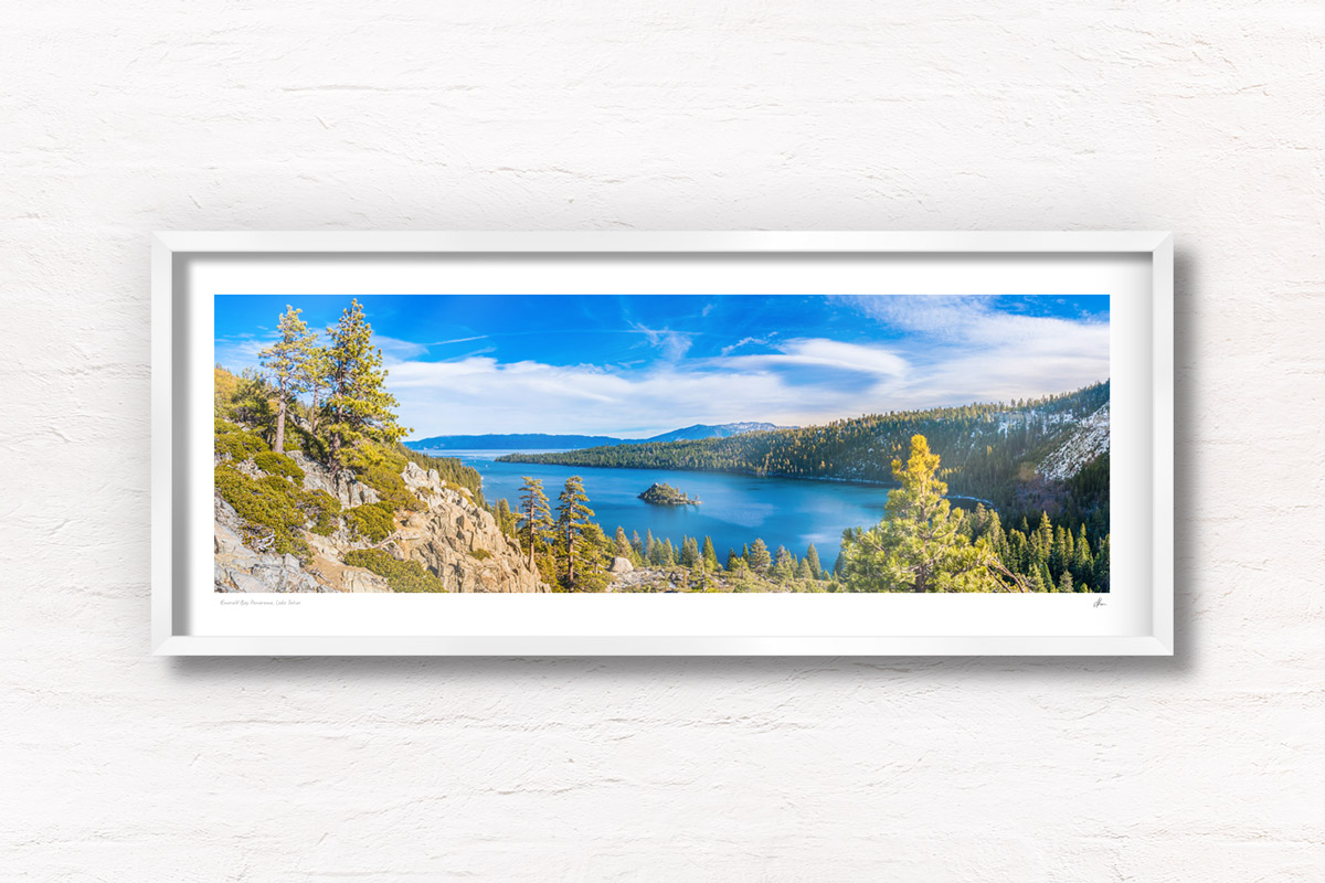 Panoramic view of mountains and Emerald Bay's stunning blue waters in Lake Tahoe, California
