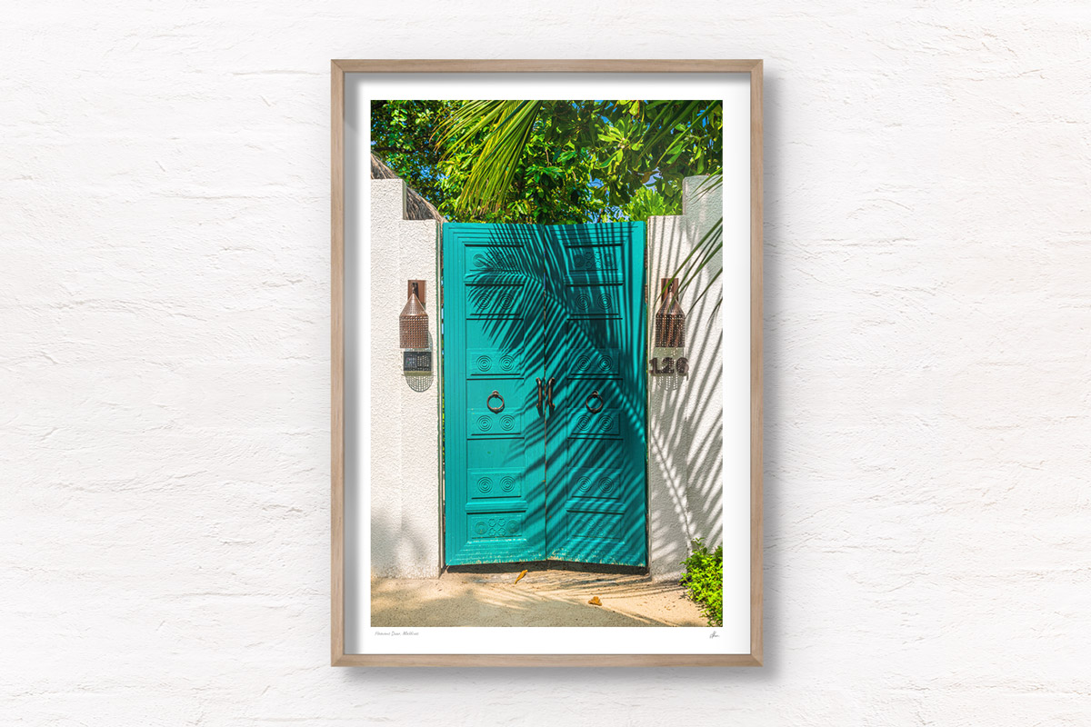 Tropical vibes with a palm tree shadow on gorgeous Maldivian Beach Villa Door
