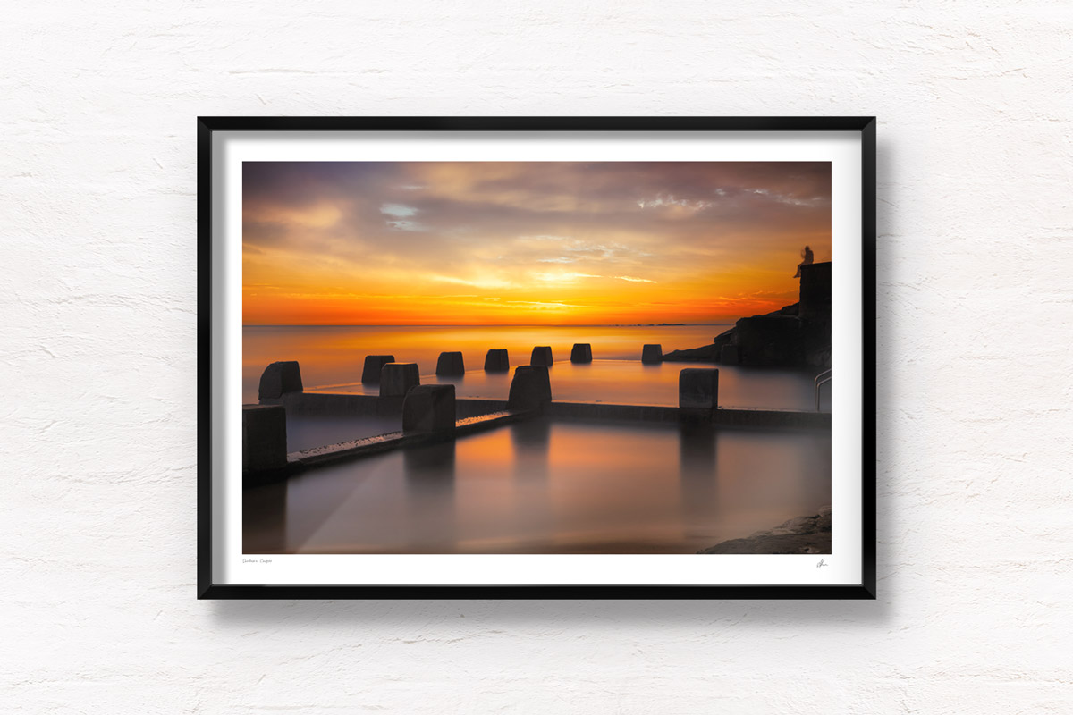 Fine Art Photography. Warm, sunny sunrise above Ross Jones Memorial Pool in Coogee