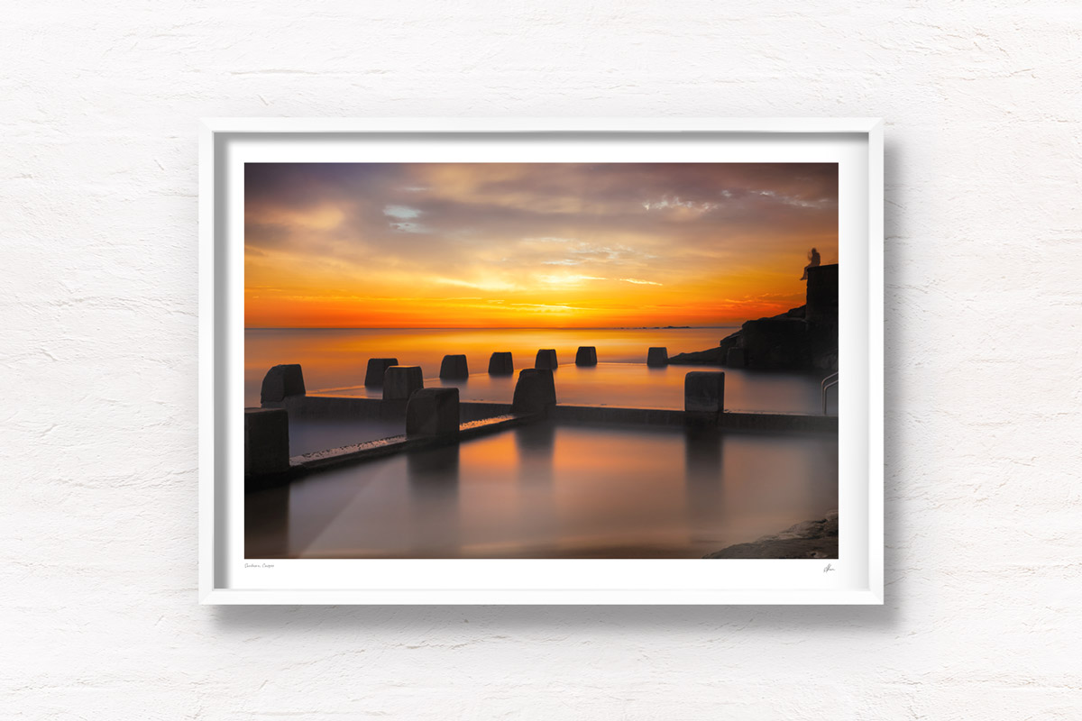 Fine Art Photography. Warm, sunny sunrise above Ross Jones Memorial Pool in Coogee