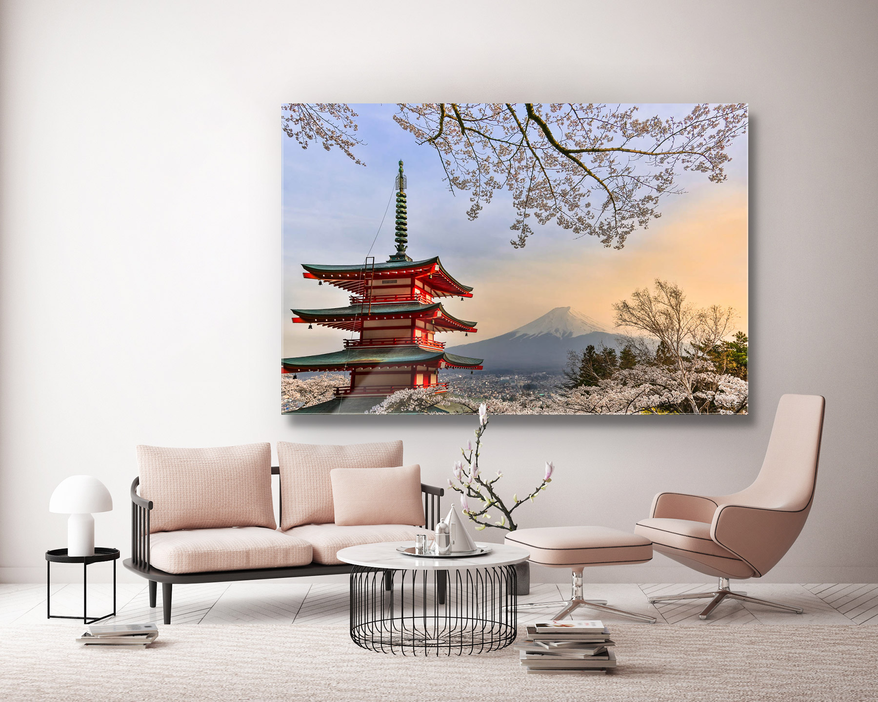 Interior design inspiration. Framed prints of iconic Japan. Iconic landmark Chureito Pagoda and Mount Fuji during the cherry blossom season.