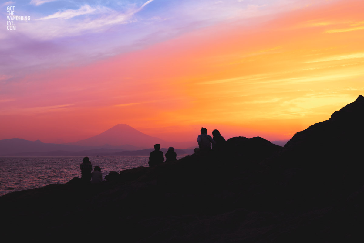 Gorgeous sunset at Enoshima looking towards Mount Fuji, Japan. Mount Fuji sunset silhouette