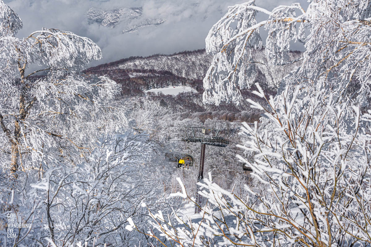 Snowboarders riding chairlift with beautiful snow covered trees over Nozawa Onsen, Japan