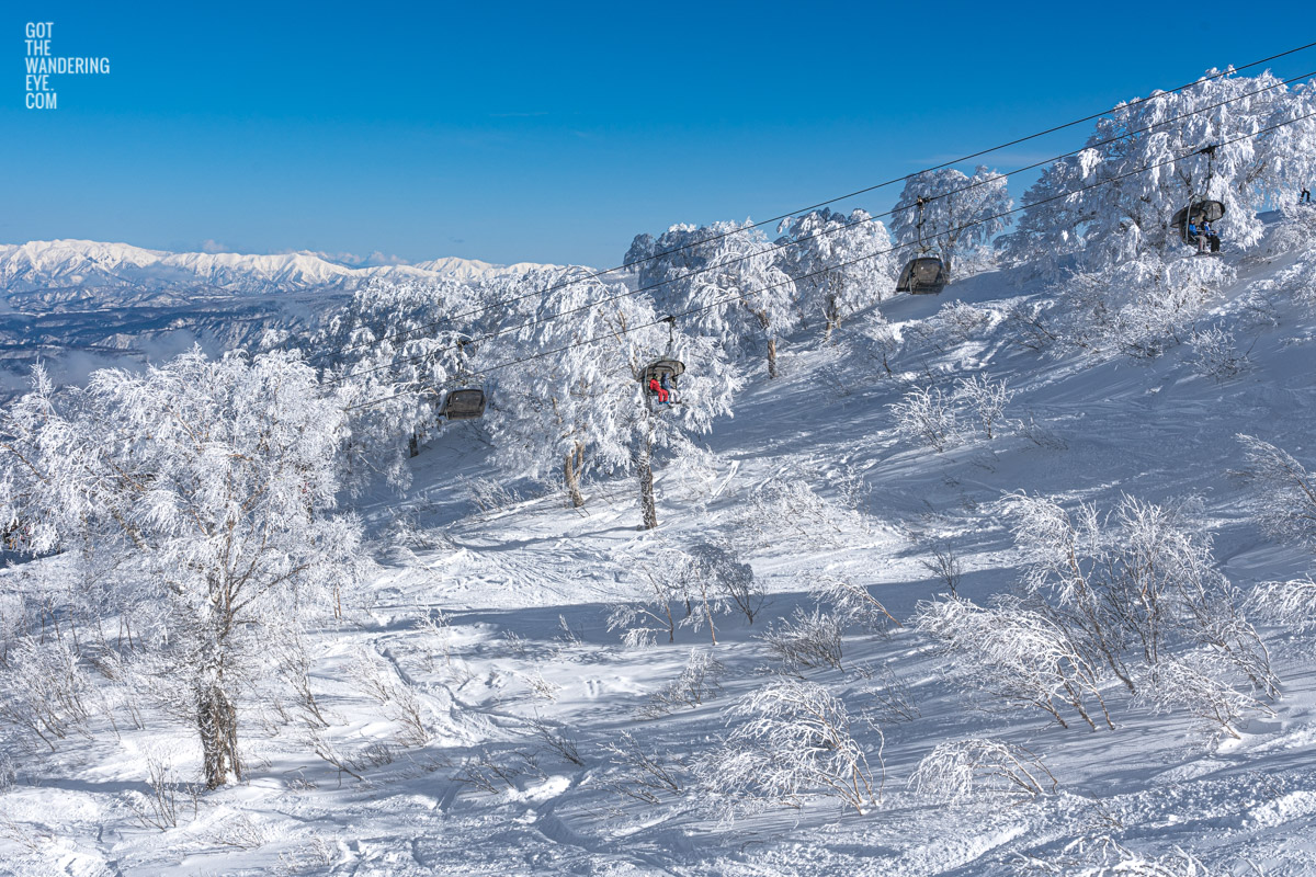 Chairlift through snow covered trees on Nozawa Onsen, Japan during winter