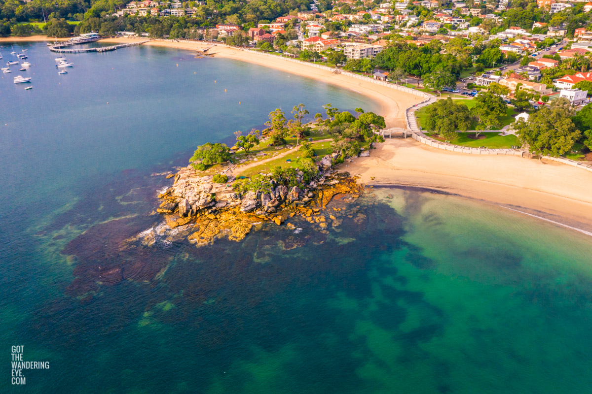 Aerial seascape image above Rocky Point Island and Balmoral Beach