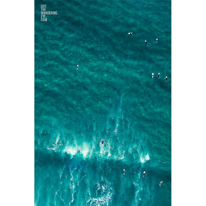 Aerial seascape above surfers on Bondi Beach