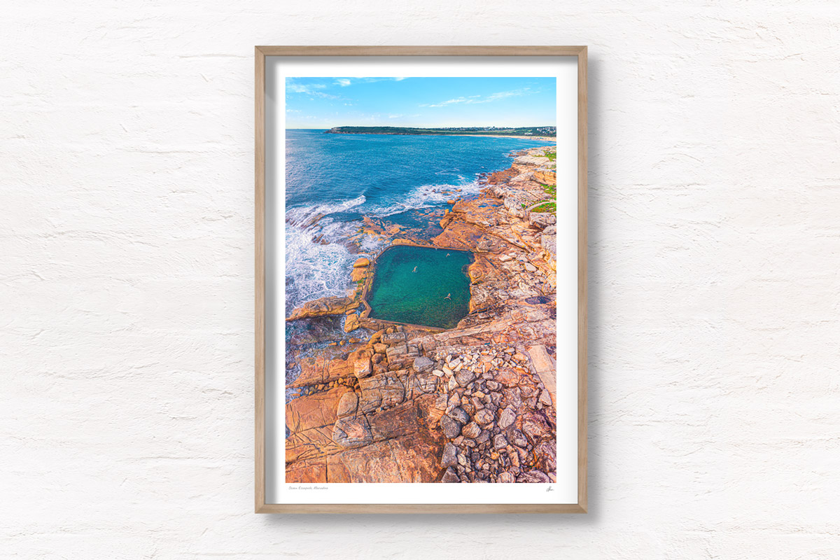 Aerial seascape above swimmers in Mahon Pool, Maroubra on Summers Day.