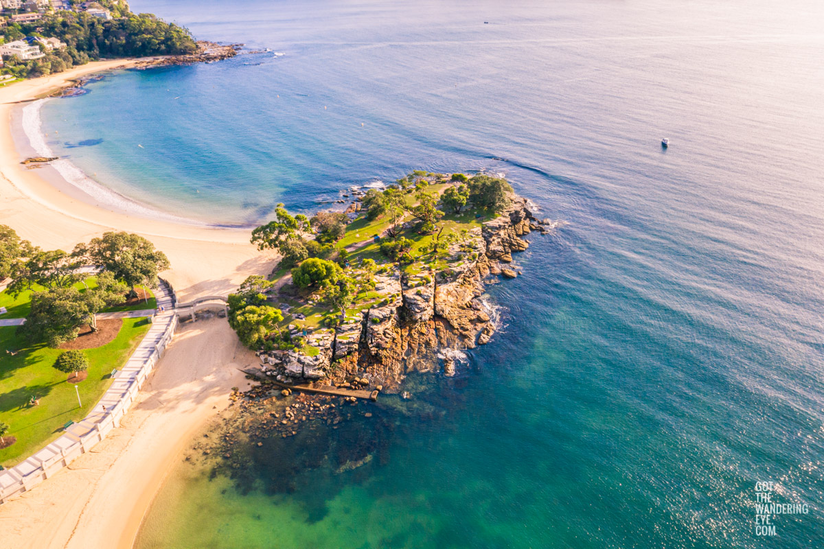 Aerial seascape on a beautiful early morning above Rocky Point Island, Balmoral Beach