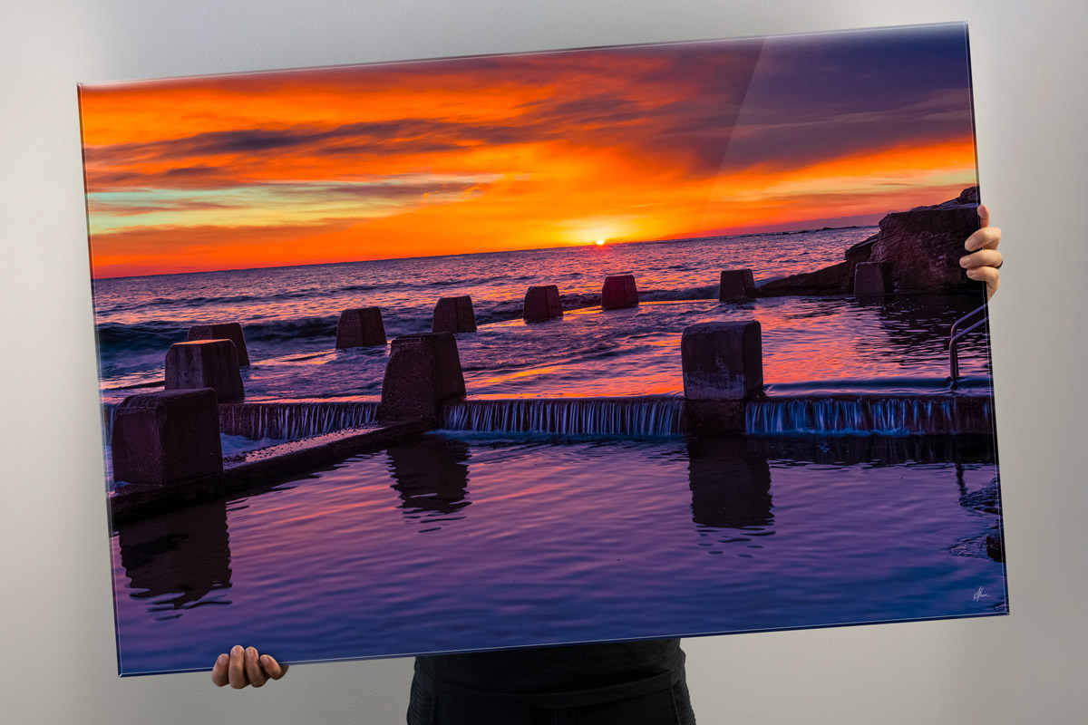 Print Framing Options. Acrylic Facemount print. Glossy, premium finish for the modern home. Coogee Cascade sunrise print. 