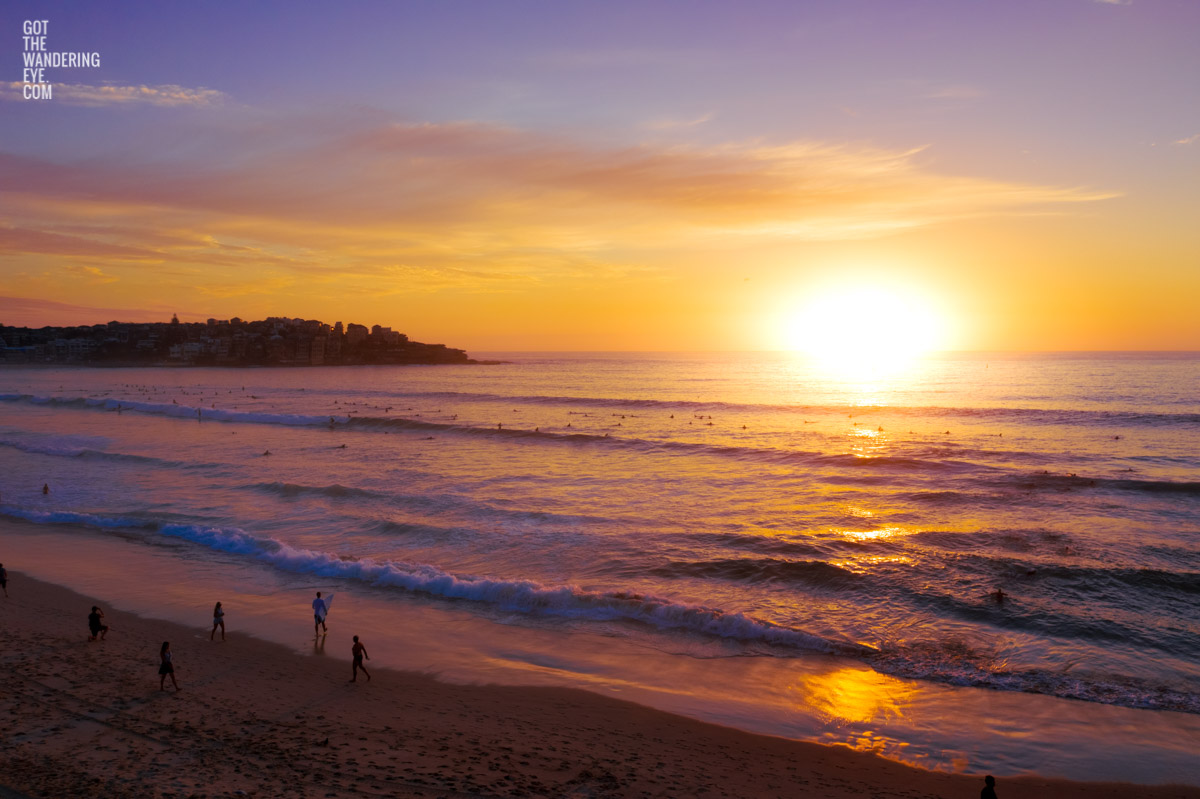 Aerial seascape of a gorgeous sunrise over Bondi Beach.