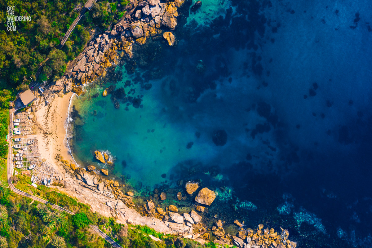 Aerial seascape above the gorgeous turquoise ocean waters of Gordons bay, Coogee
