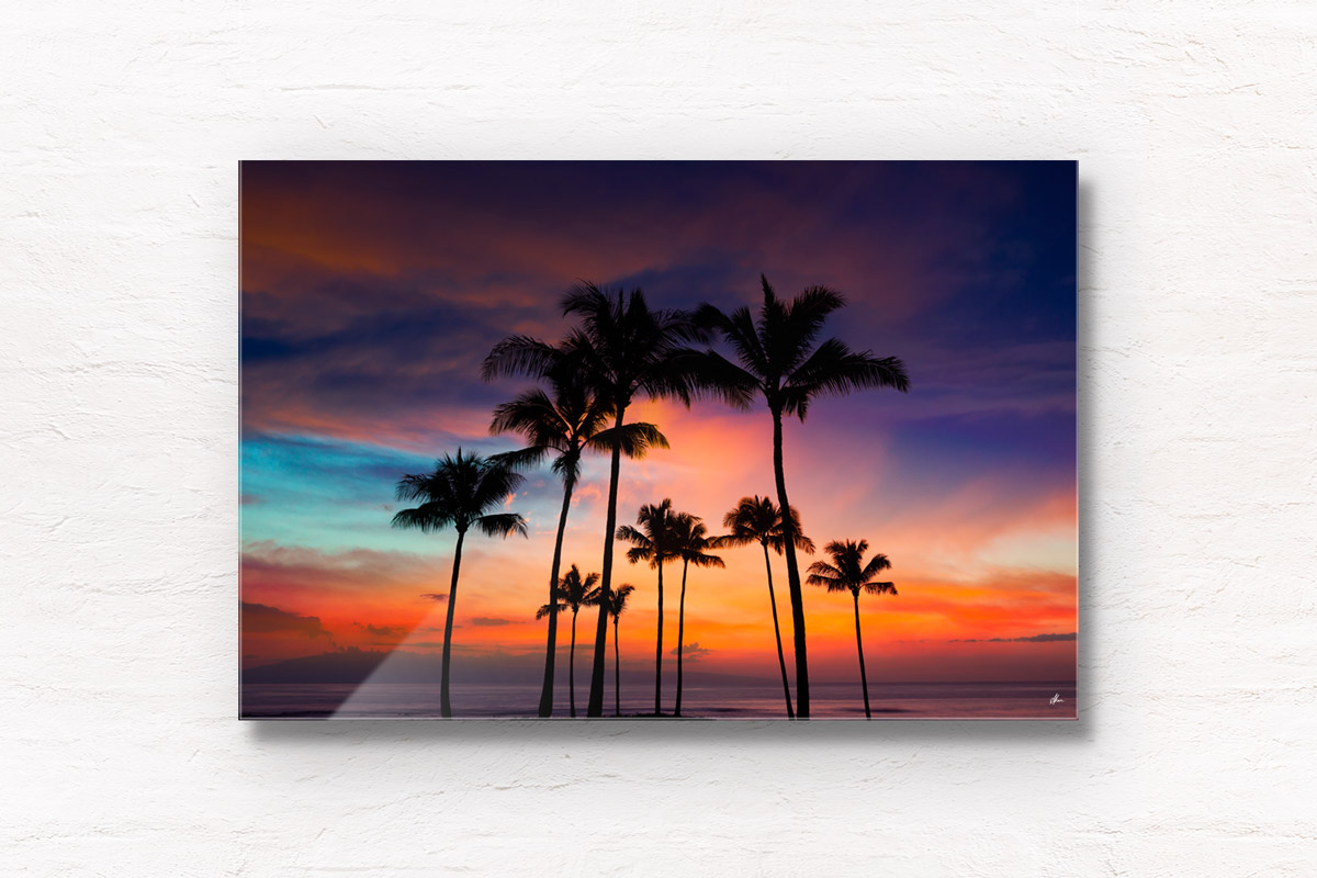 Stunning sunset skies over silhouette palm trees, Maui, Hawaii