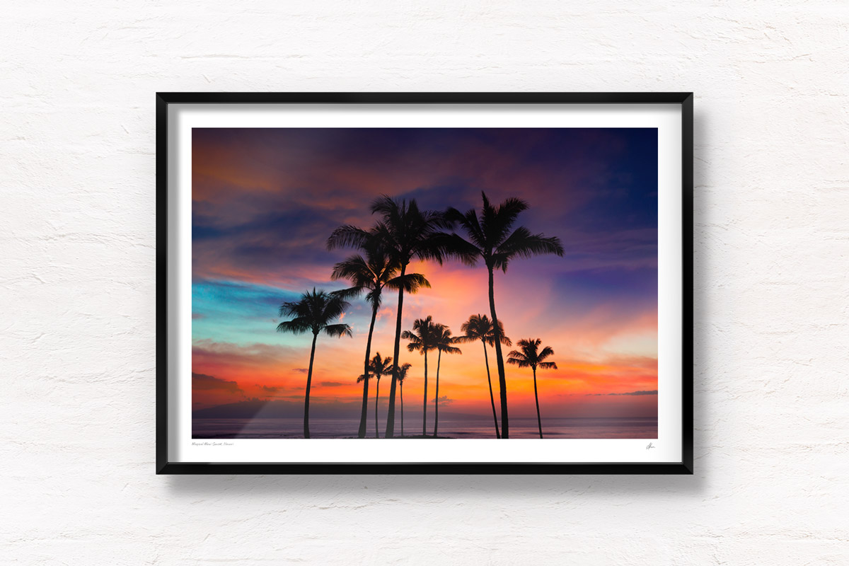 Stunning sunset skies over silhouette palm trees, Maui, Hawaii