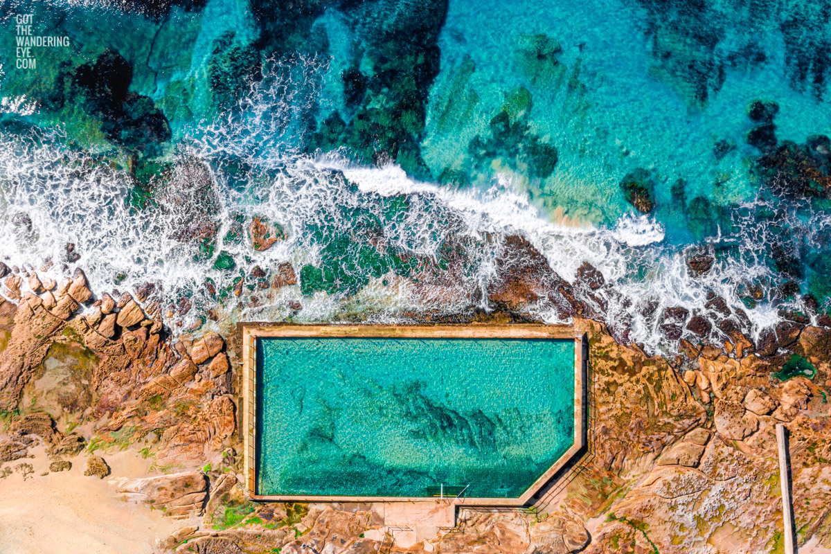 Aerial oceanscape photography above South Cronulla Rockpool, Oceanpool. Beach, waves