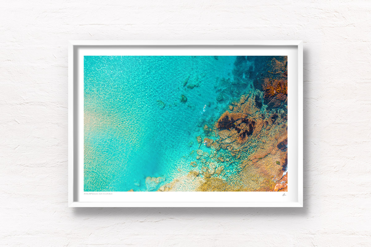 Aerial oceanscape. Beach, sand, ocean swimmers, shallow reef, South Cronulla Beach