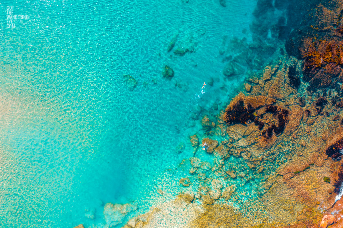 Aerial oceanscape. Beach, sand, ocean swimmers, shallow reef, South Cronulla Beach