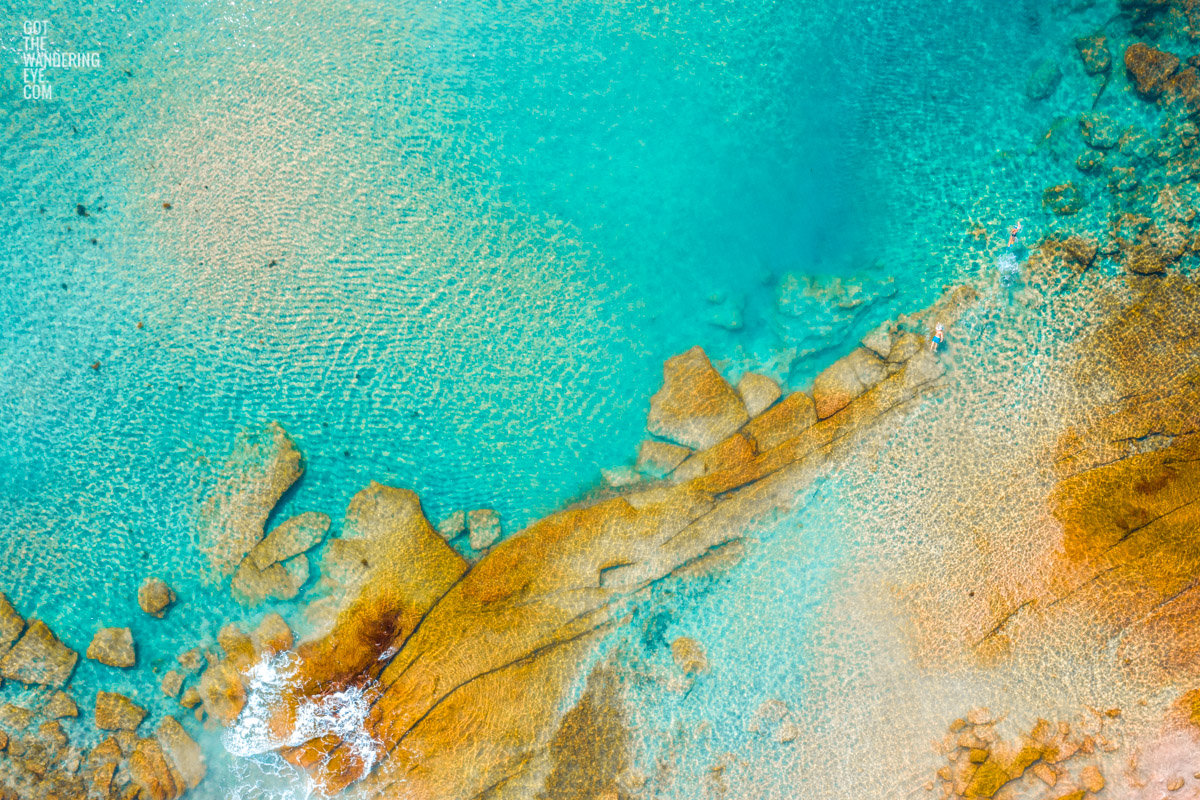 Aerial oceanscape. Beach, sand, ocean swimmers, shallow reef, South Cronulla Beach