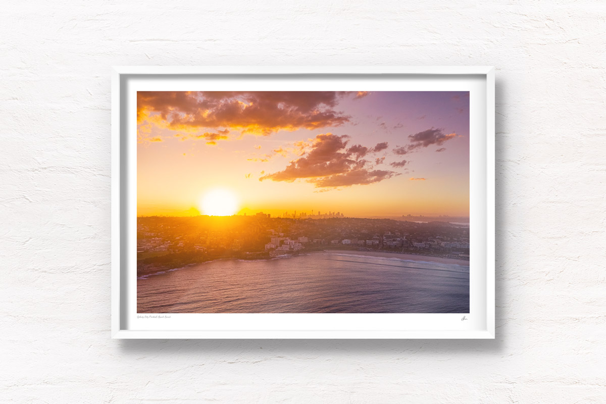 Framed fine art print of an aerial view of a gorgeous sunset over the Sydney skyline from Bondi Beach. beach, ocean, sunset
