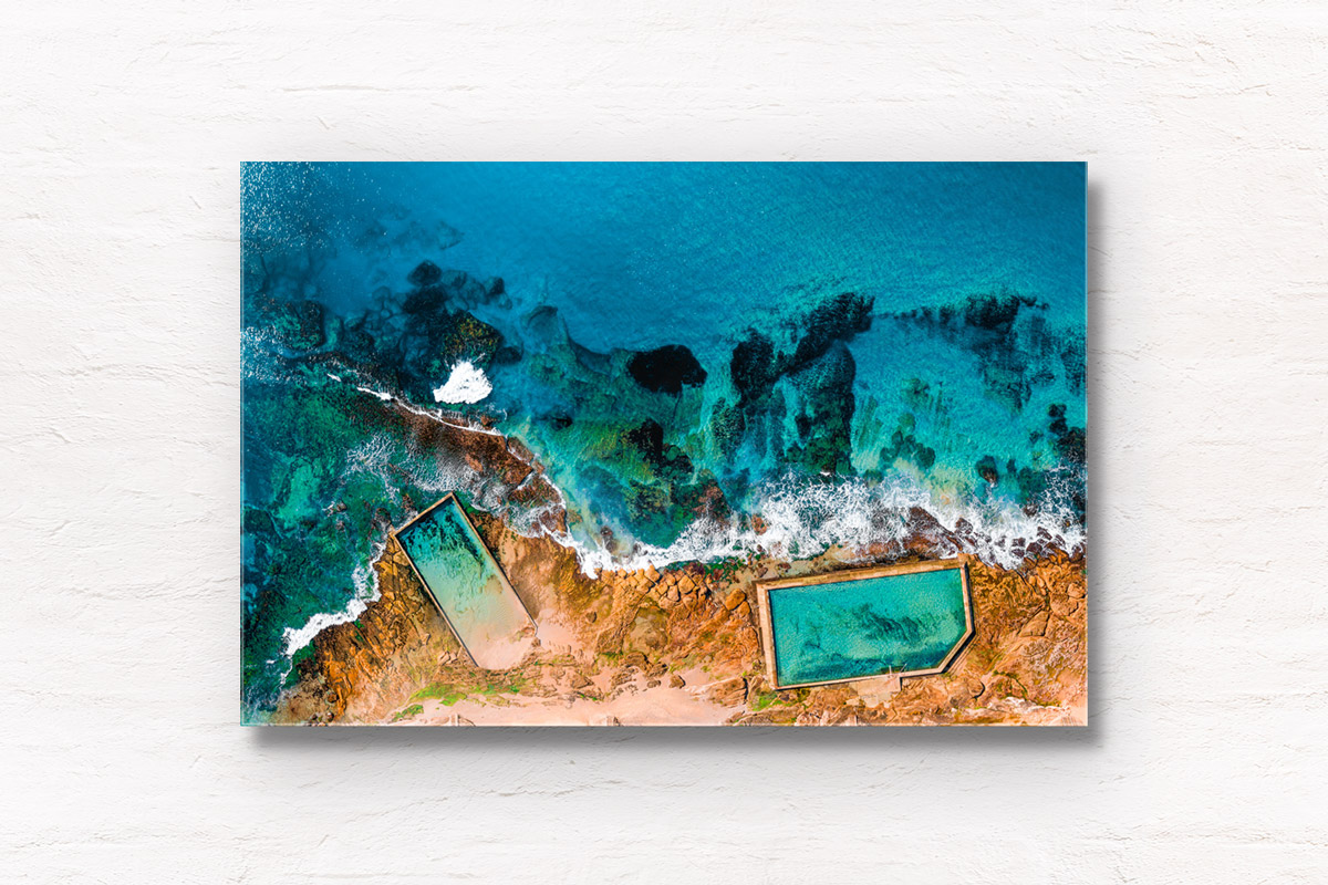 Aerial oceanscape above ocean rockpools Cronulla Beach. Turquoise ocean beach waters rockpool Sydney. Framed fine art prints, by Allan Chan
