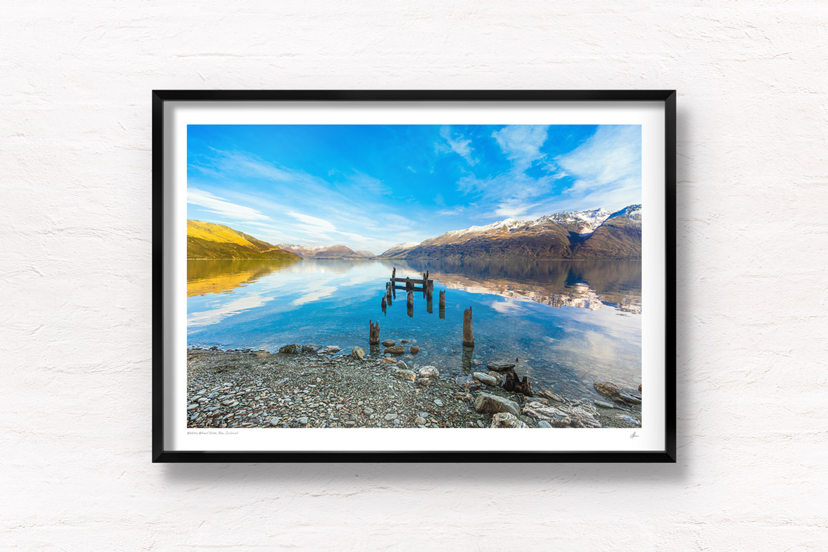 Beautiful fine art photography, framed prints of mountain vista backdrop from little paradise wharf at lake wakitipu.