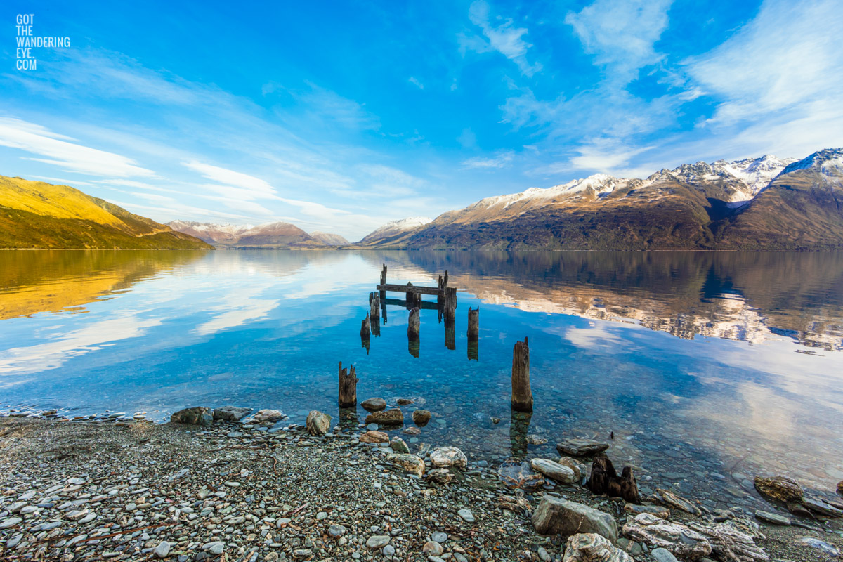 Beautiful mountain vista backdrop from little paradise wharf at lake wakitipu. Lake Wakatipu Old Wharf.