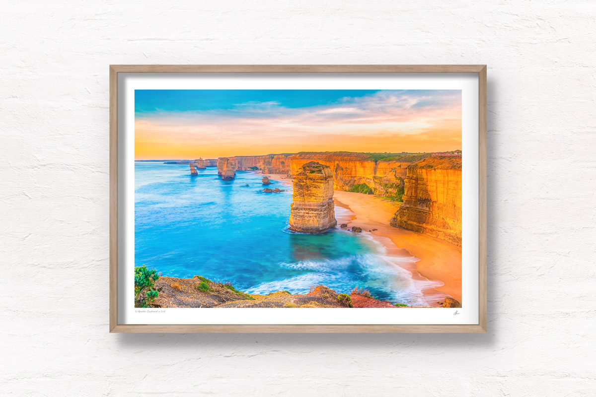 Fine art framed prints of the 12 Apostles smothered in a gorgeous warm sunny sunset. Ocean, beach, sunset, great ocean road, victoria