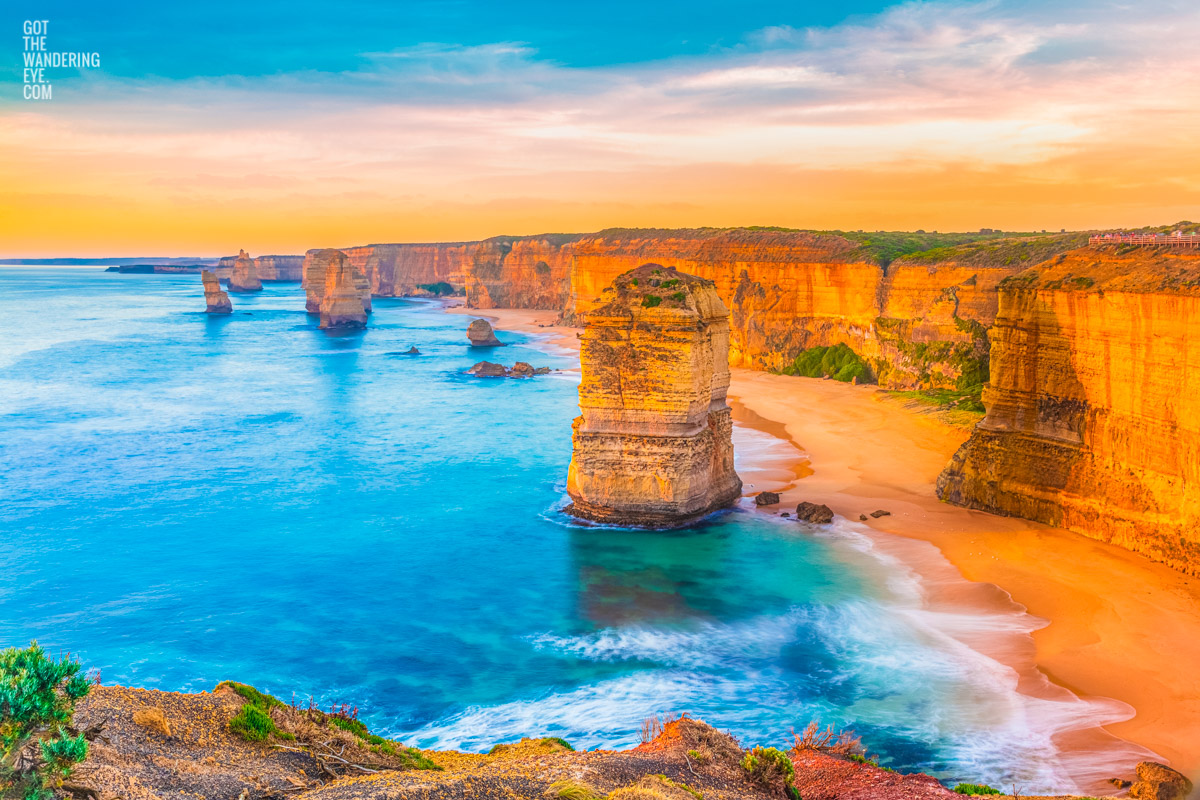 12 Apostles smothered in a gorgeous warm sunny sunset. Ocean, beach, sunset, great ocean road, victoria