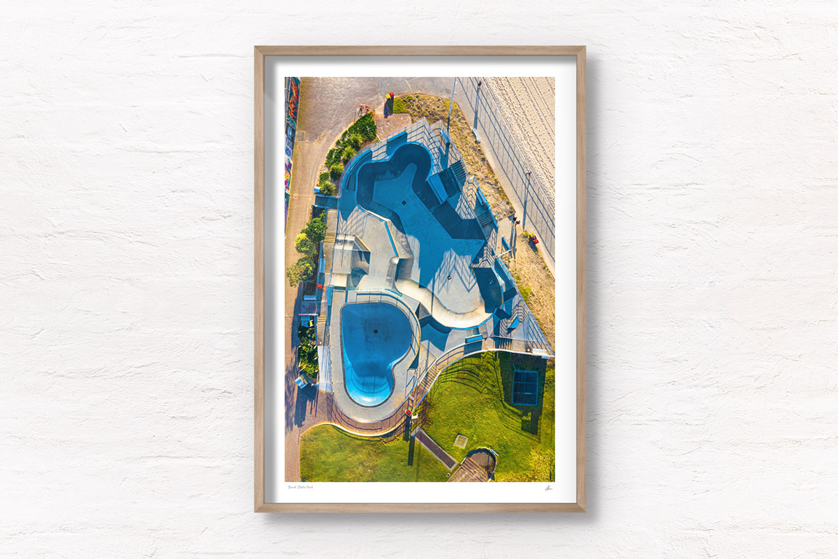 Fine art framed photo of Bondi Skate Park, Bondi Beach, skateboarding, skate bowl, sun