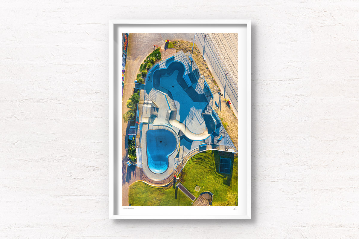 Fine art framed photo of Bondi Skate Park, Bondi Beach, skateboarding, skate bowl, sun