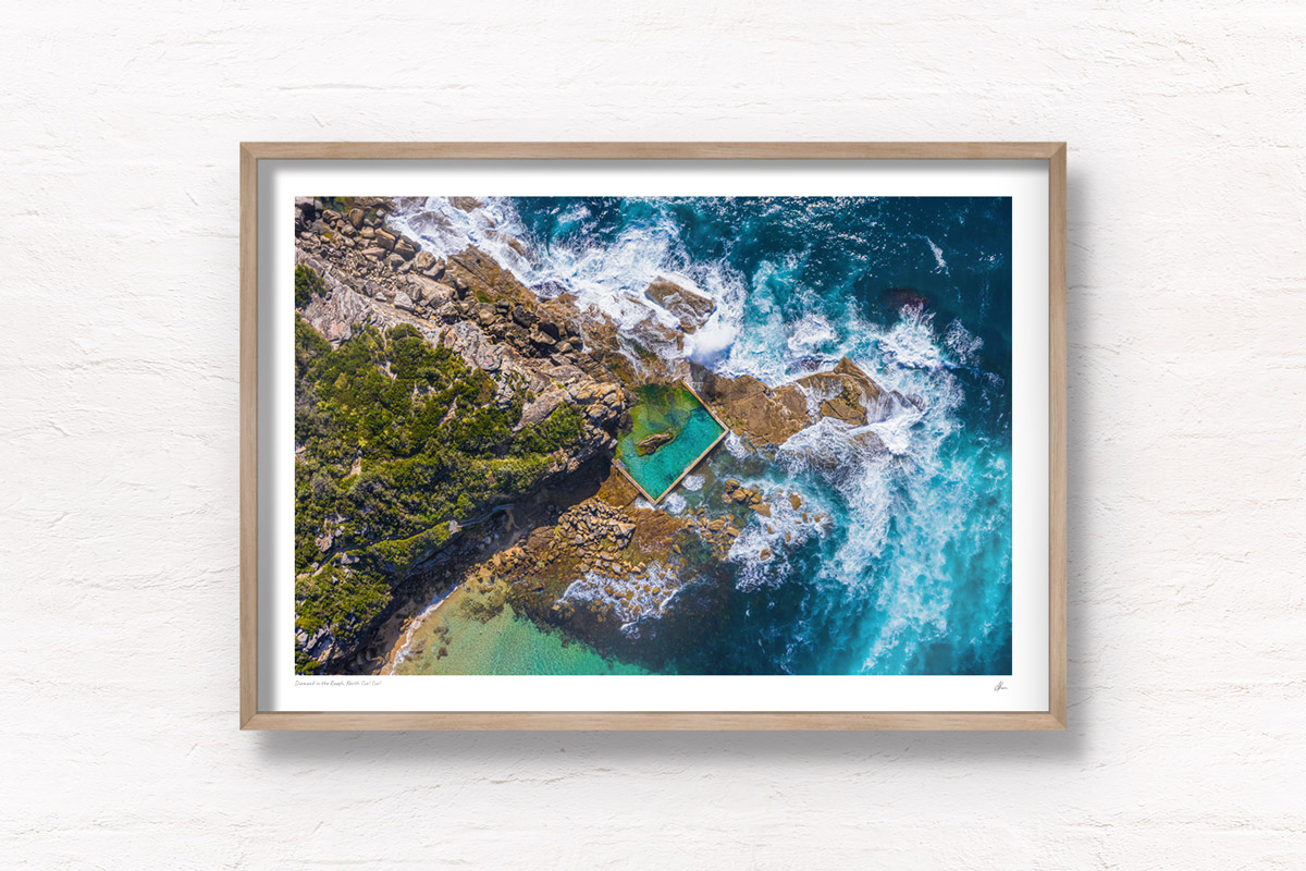 Fine art framed print of a aerial oceanscape above North Curl Curl Rockpool. Beach, ocean, rockpool, oceanpool, northern beaches.